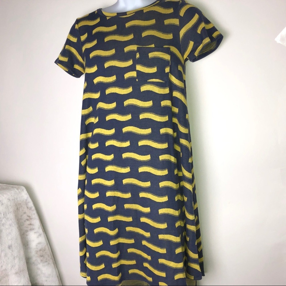 Lularoe Dress XXS‎ Carly Blue w/Yellow Waves Sporty Comfy